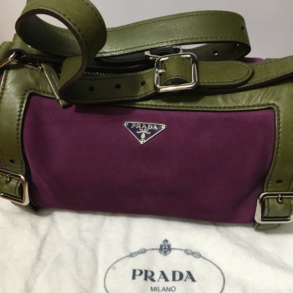PRADA Cylinder Purse Shoulder Bag Purple Suede Green Leather Vintage